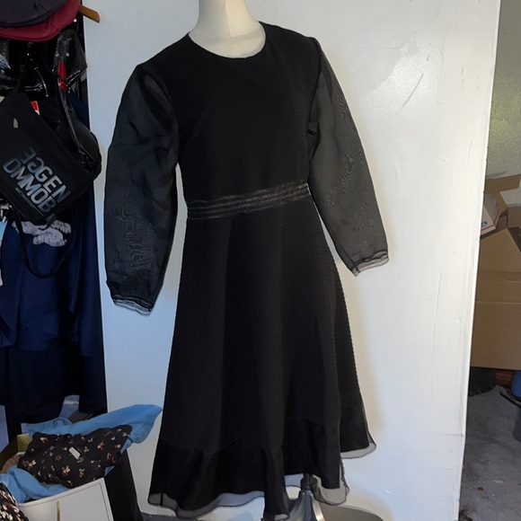 Sandro paris size 3 black midi dress sheer sleeves flair hem - Picture 1 of 10